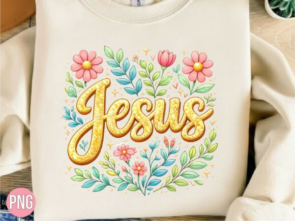 Jesus Floral Golden Glitter Text PNG